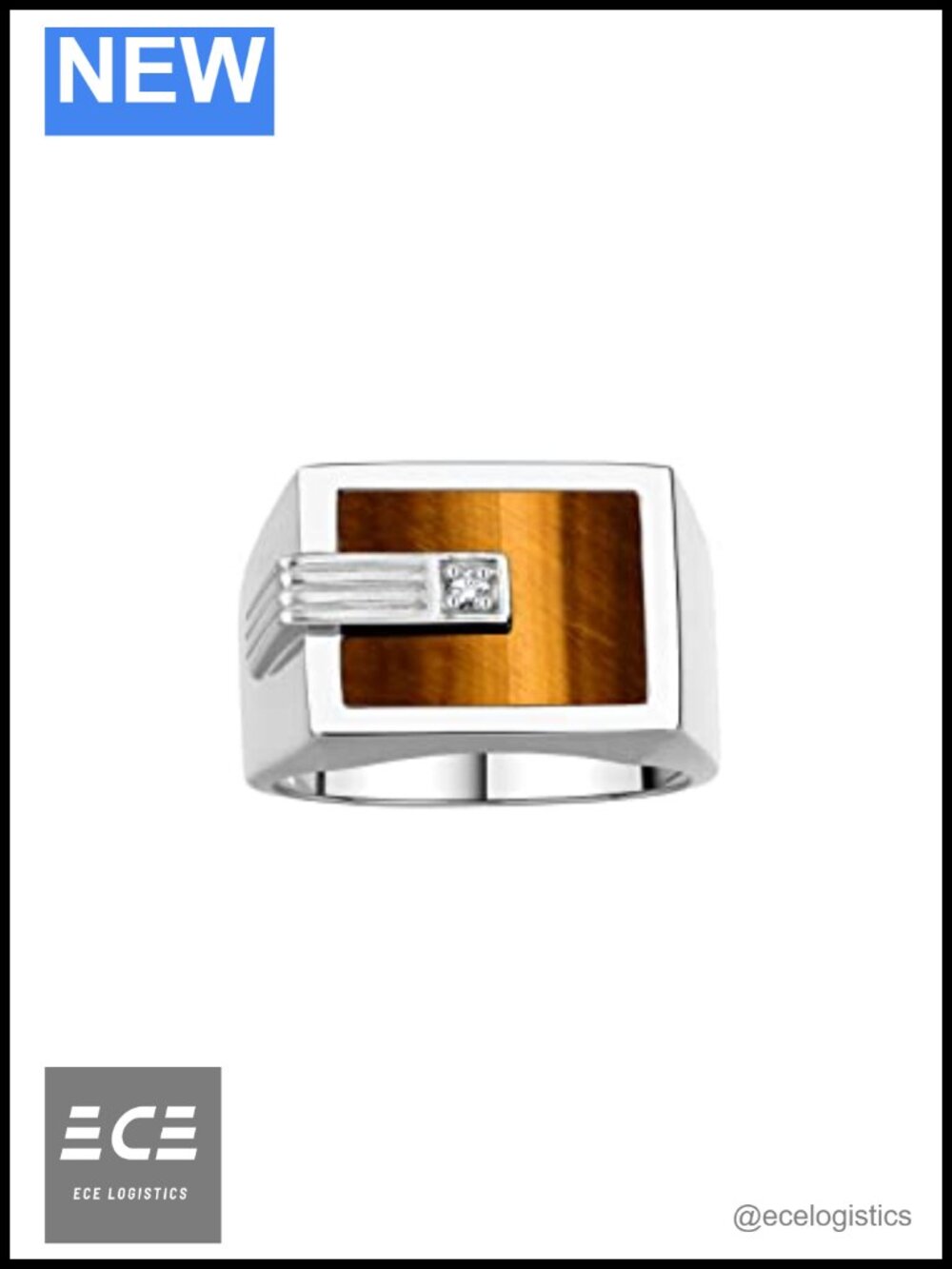 Sterling Silver Designer Signet Ring Diamond Tiger Eye Gemstone